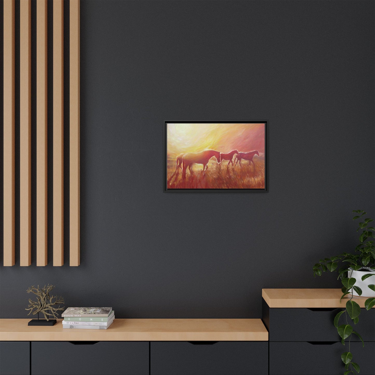 Sunset Meadow Horses Matte Canvas Framed Wall Art