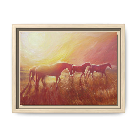 Sunset Meadow Horses Matte Canvas Framed Wall Art