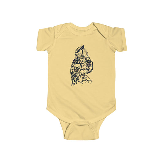 Hand Illustrated Owl Infant Bodysuit | Woodland Baby Bodysuit Great Horned Owl Design