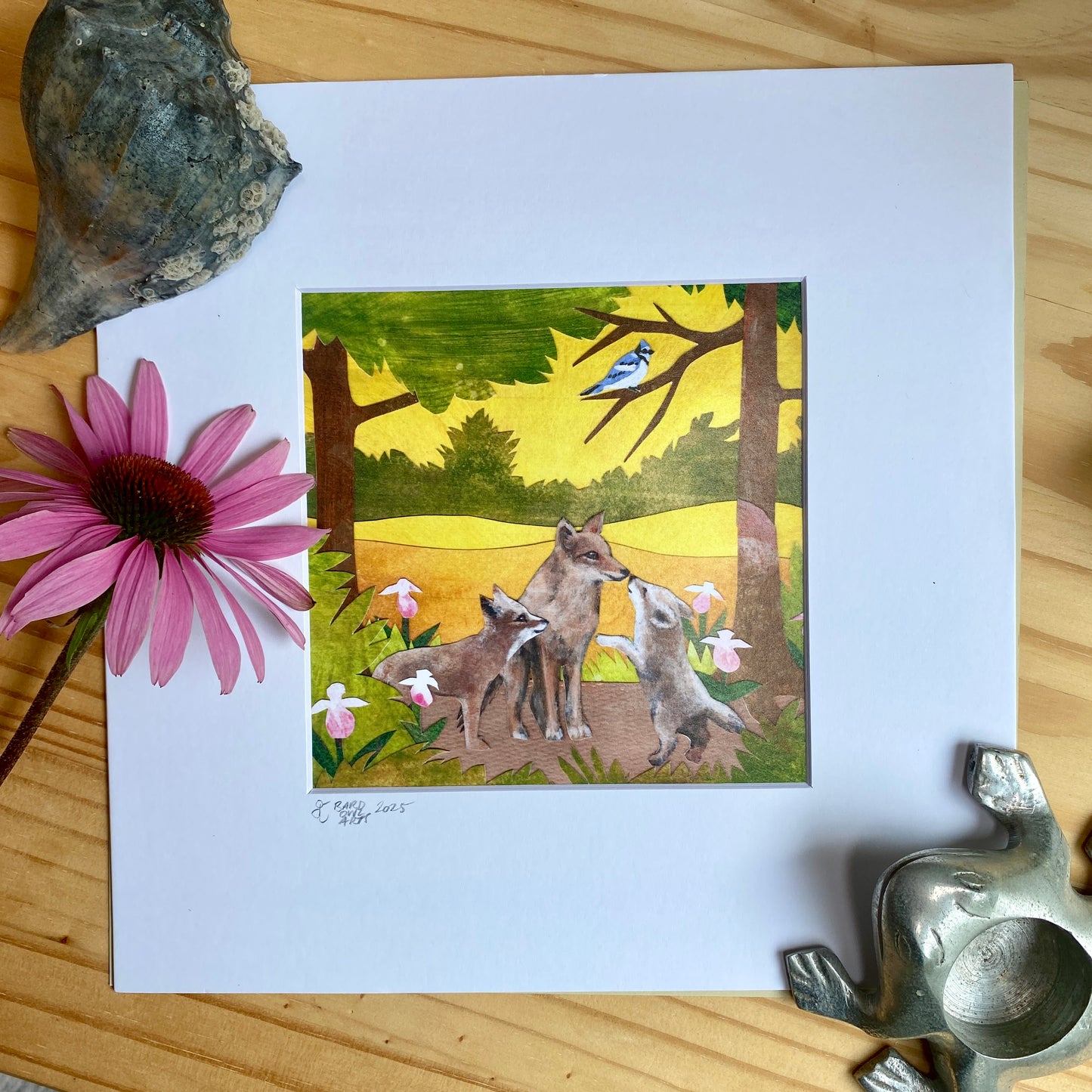 Woodland Coyote Giclee Print: Woodland Nursery Art, Hand Made Design, Oak Frame Option