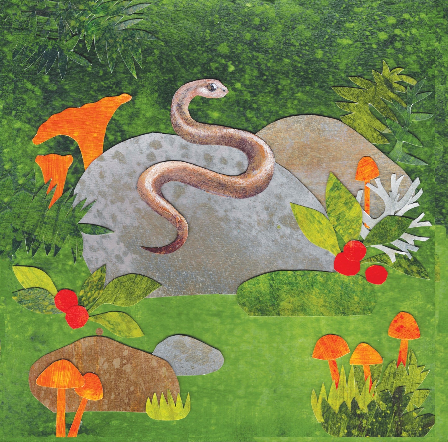 Artistic depiction of a snake on a rock with mushrooms and foliage