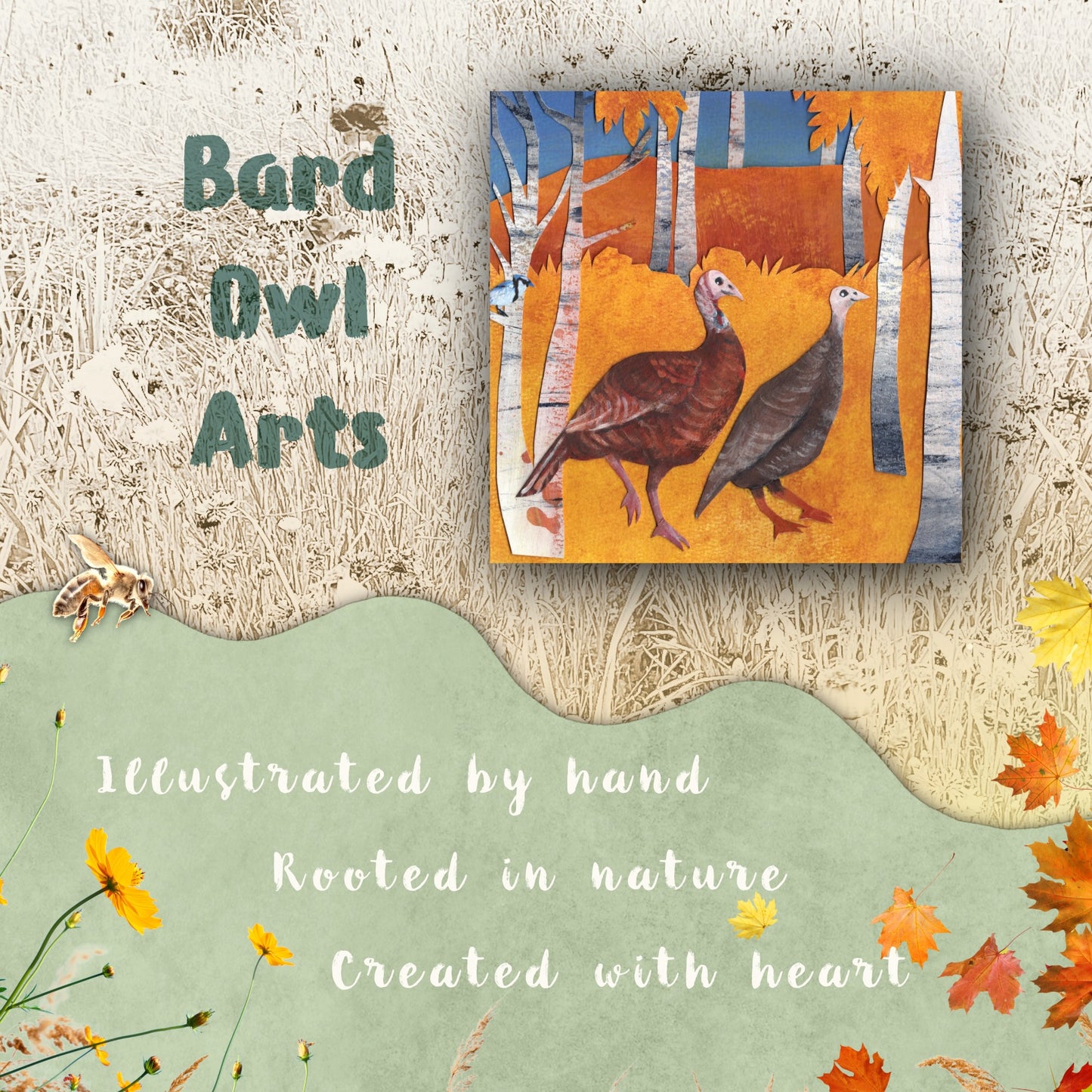Wild Turkey in Autumn Woodland Grove: giclee print of handmade original: woodland nursery, framing options, made in USA