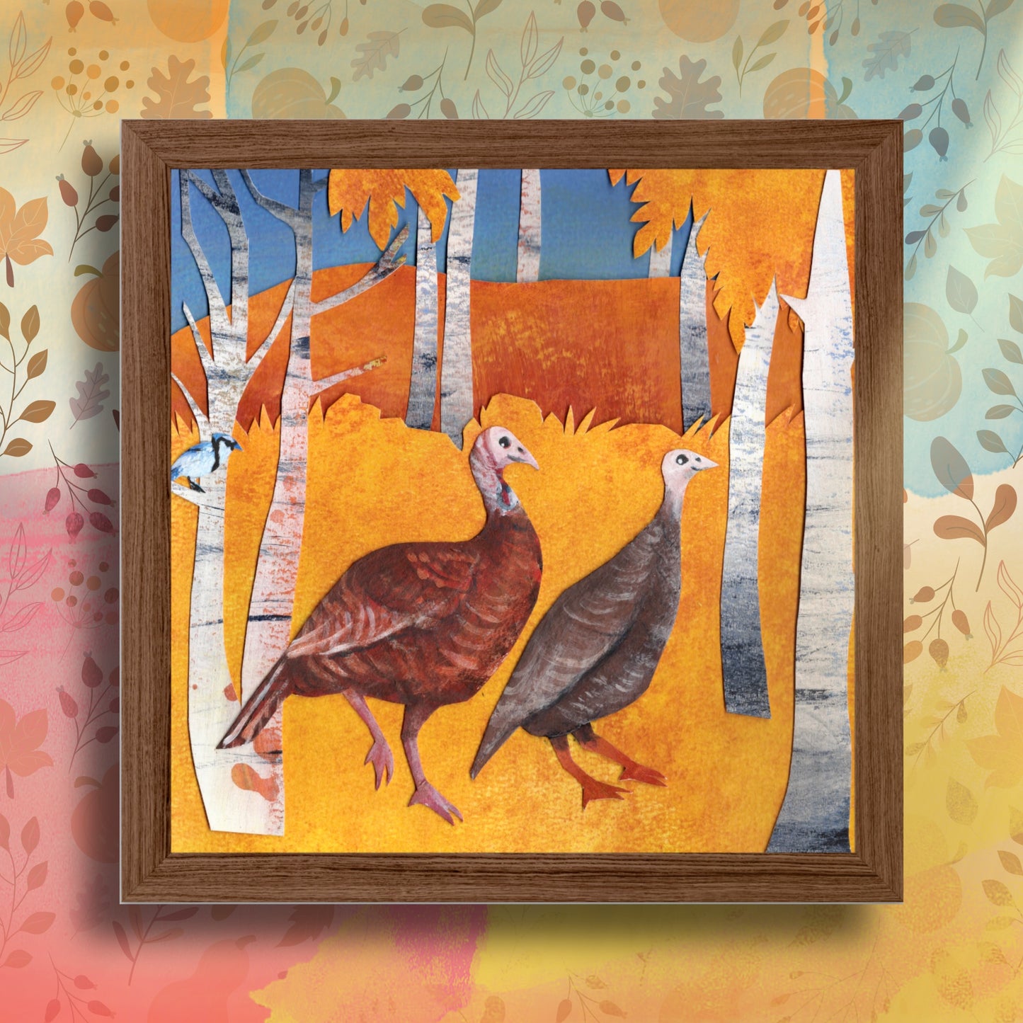 Wild Turkey in Autumn Woodland Grove: giclee print of handmade original: woodland nursery, framing options, made in USA