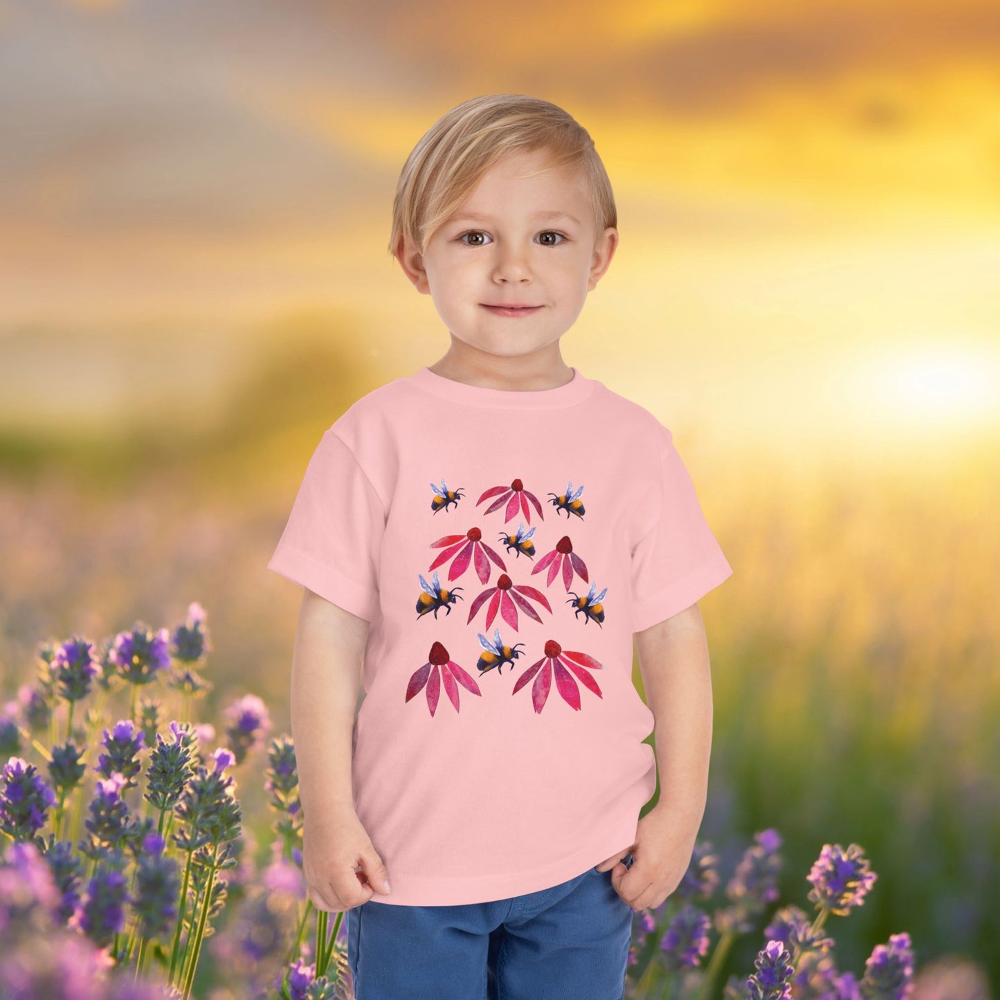 Toddler Tee — Bumblebees & Pink Coneflowers Hand Made Design