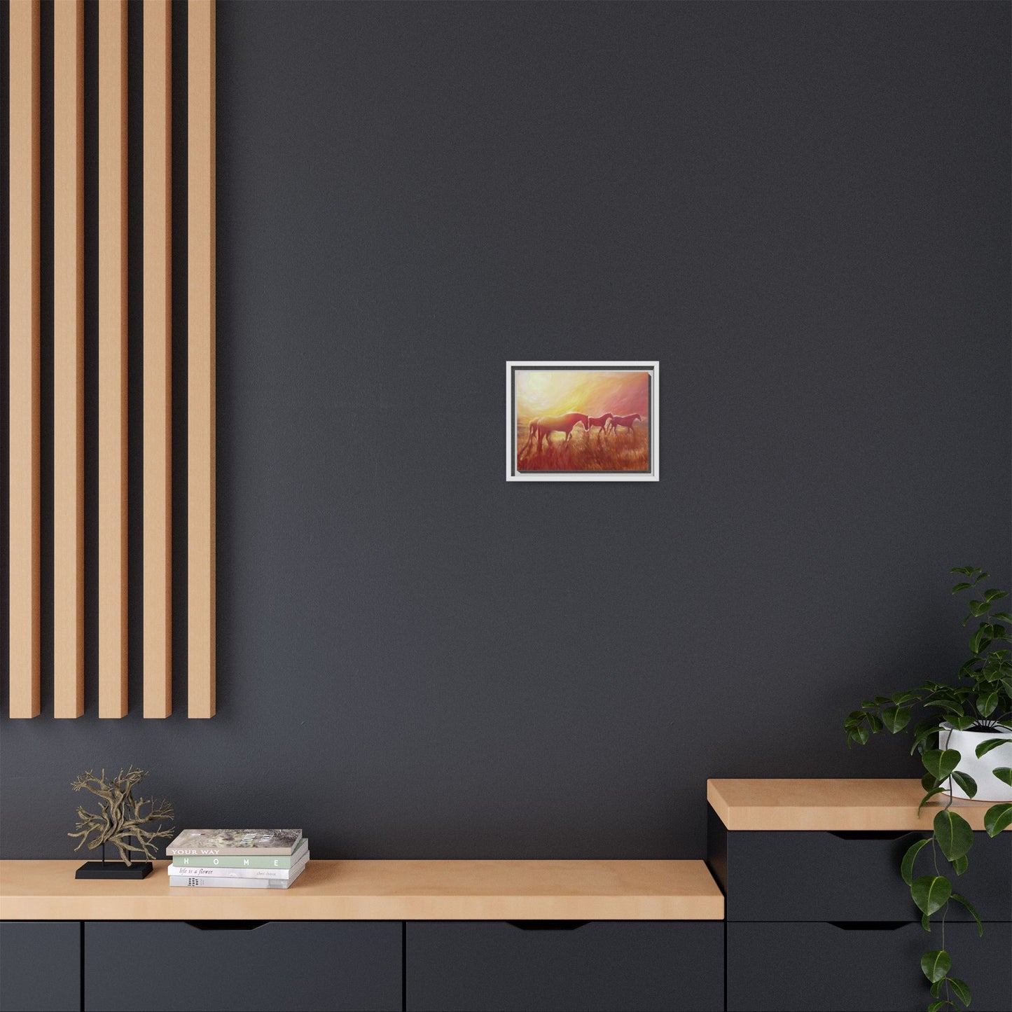 Sunset Meadow Horses Matte Canvas Framed Wall Art