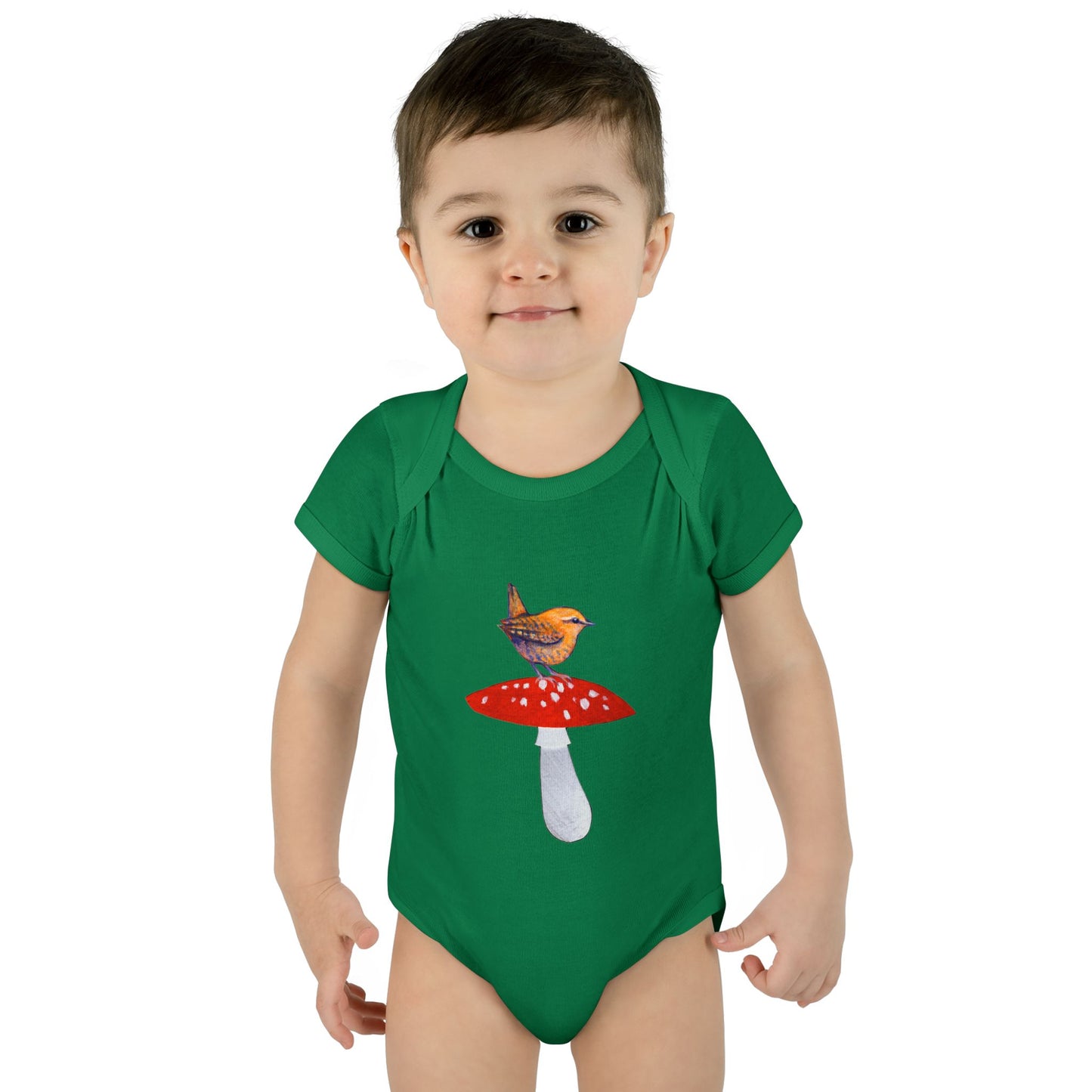 Bird on Red Toadstool Infant Bodysuit | Woodland Mushroom Baby