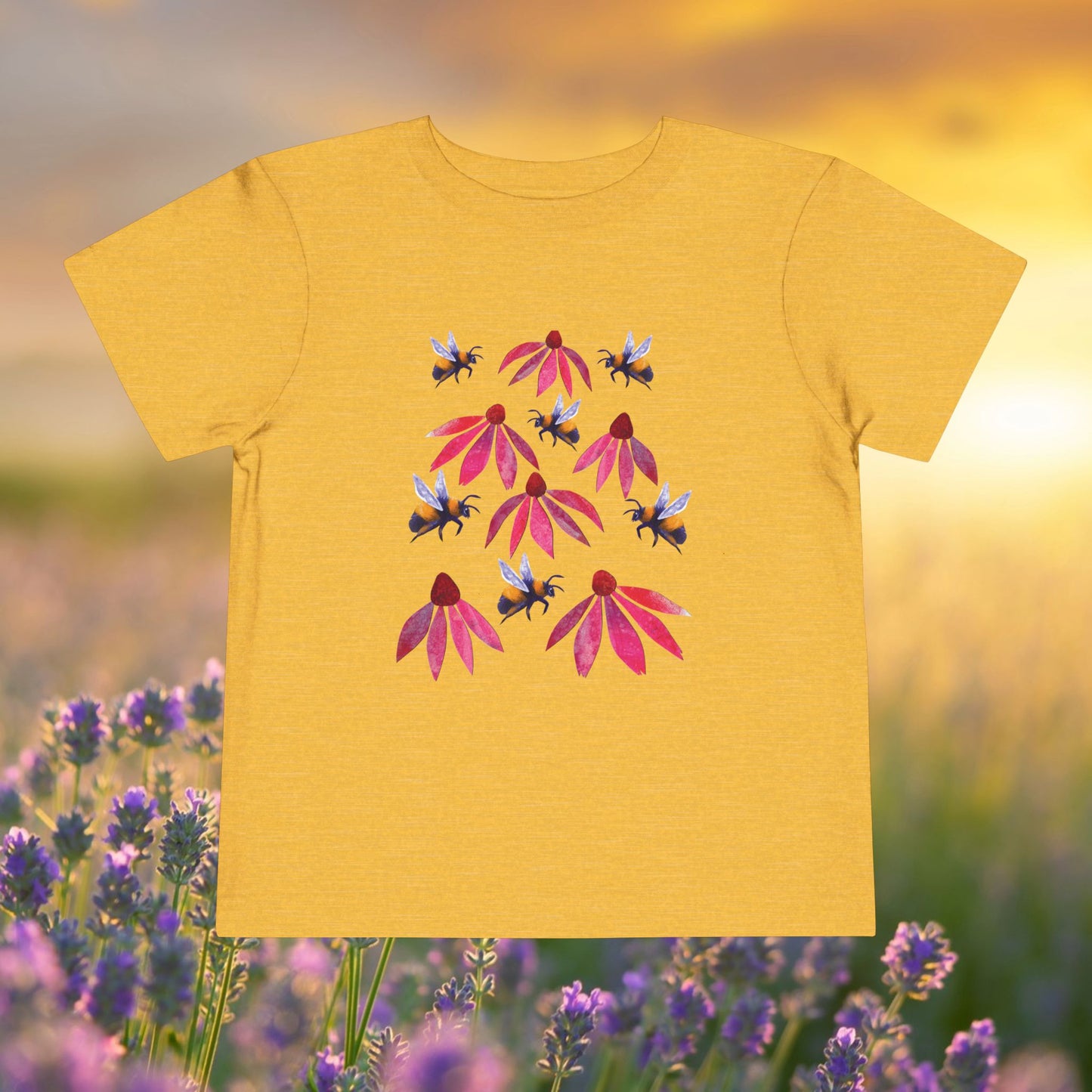 Toddler Tee — Bumblebees & Pink Coneflowers Hand Made Design