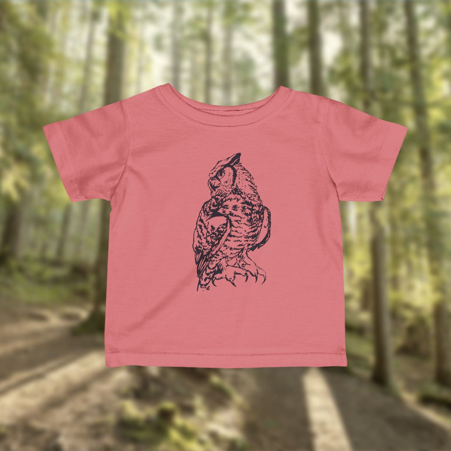 Hand-Drawn Owl Infant Tee | Girls Woodland Cotton Tee in Hot Pink, Mauve, Lavender, Red or White
