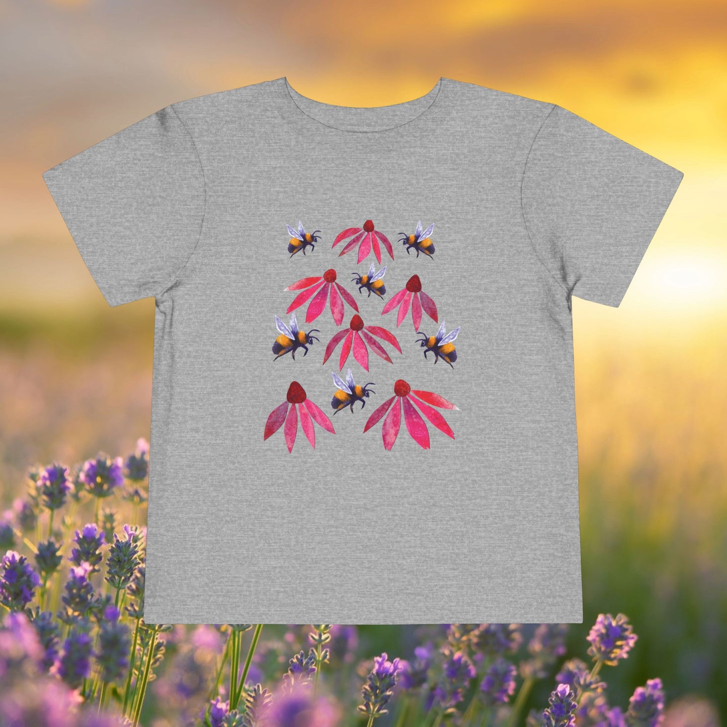 Toddler Tee — Bumblebees & Pink Coneflowers Hand Made Design