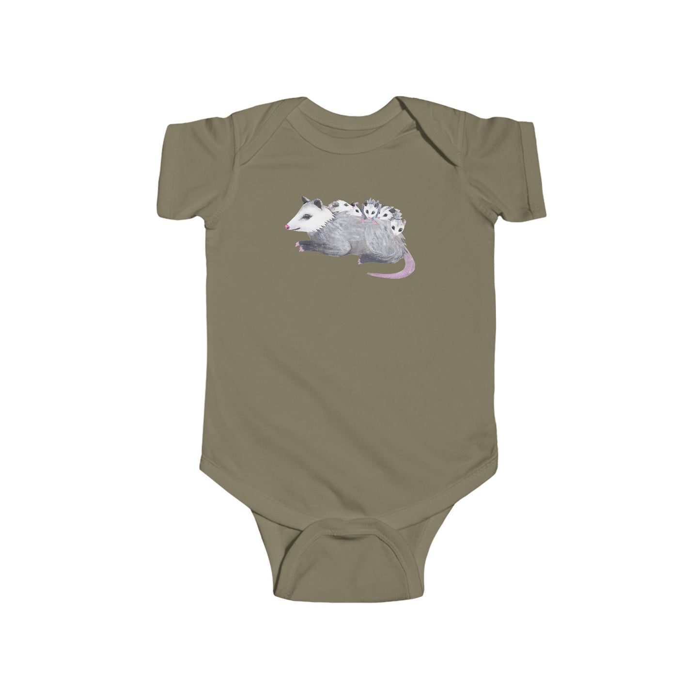 Opossum Mom with Babies Infant Bodysuit | Green, Army Green, and Peach Color Options
