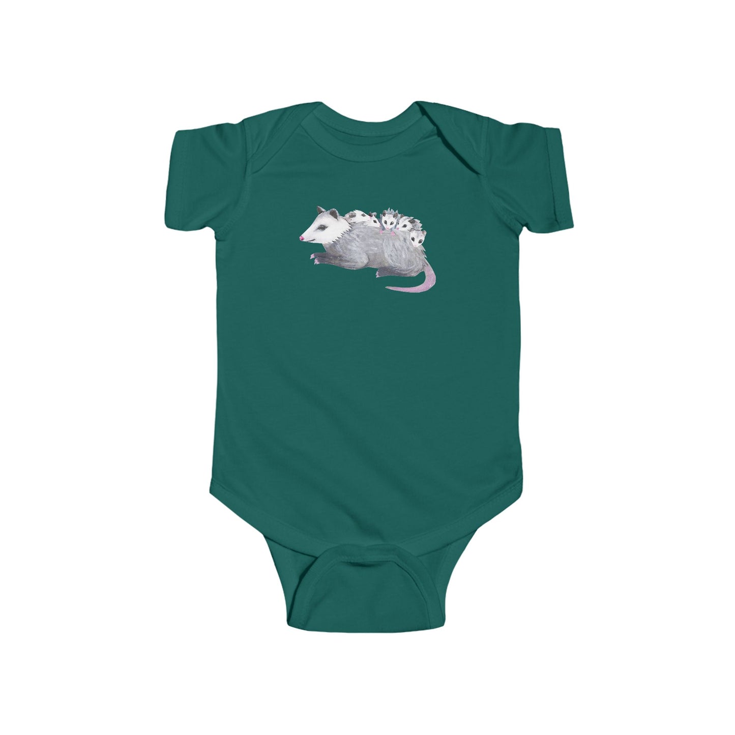 Opossum Mom with Babies Infant Bodysuit | Green, Army Green, and Peach Color Options