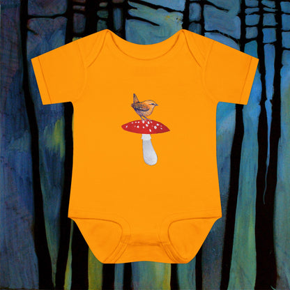 Bird on Red Mushroom Infant Bodysuit | Woodland Baby