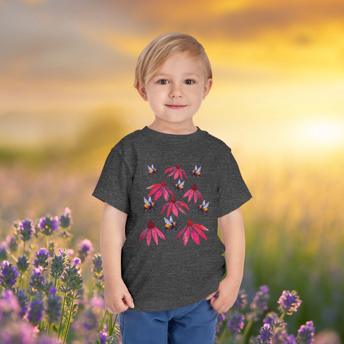 Toddler Tee — Bumblebees & Pink Coneflowers Hand Made Design