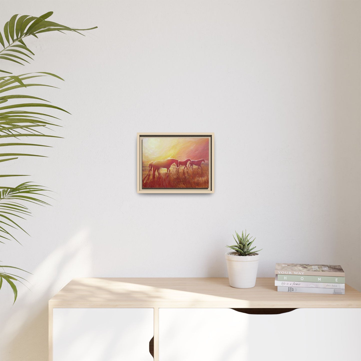 Sunset Meadow Horses Matte Canvas Framed Wall Art