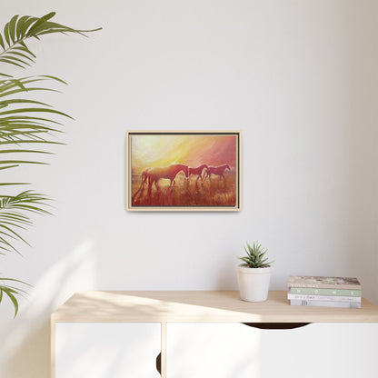 Sunset Meadow Horses Matte Canvas Framed Wall Art