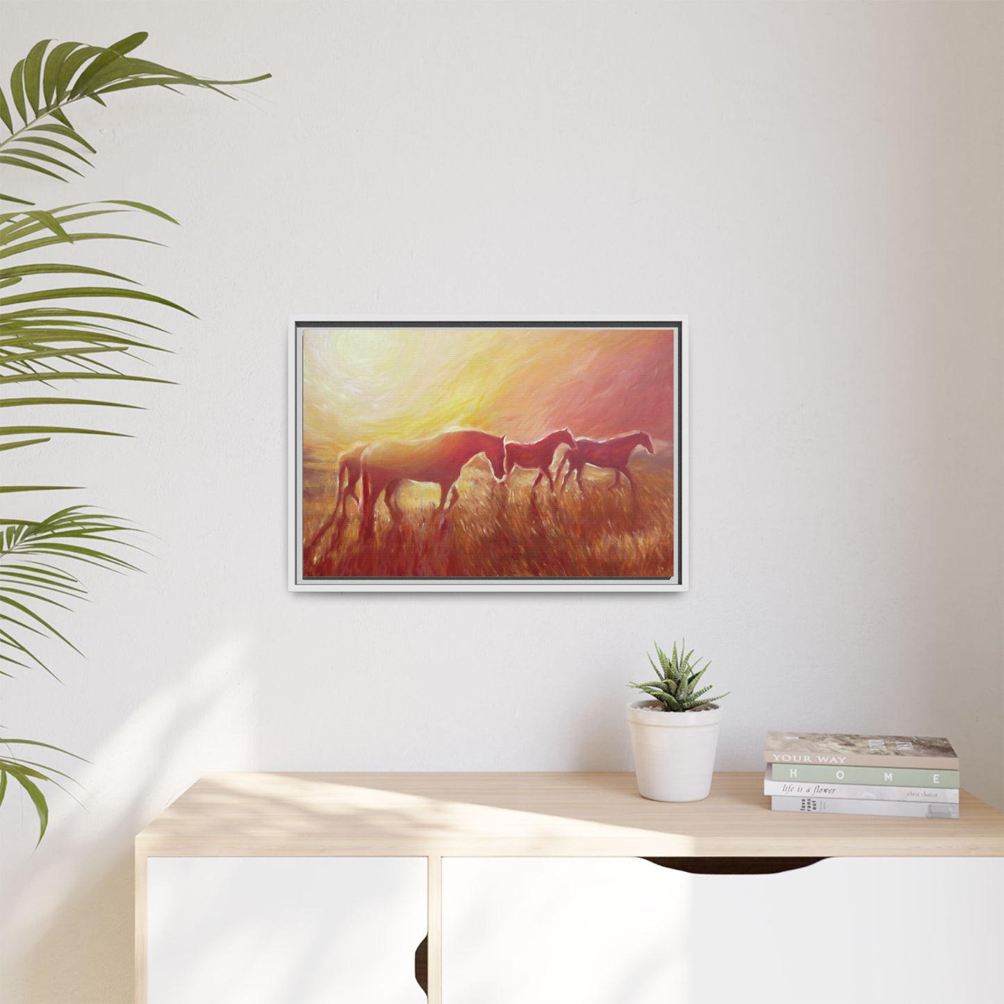 Sunset Meadow Horses Matte Canvas Framed Wall Art
