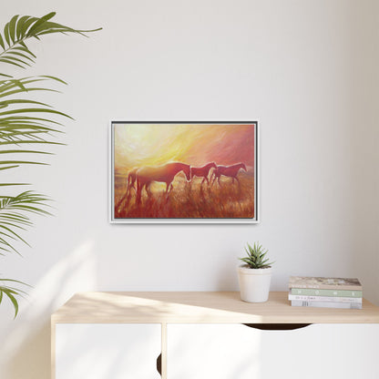 Sunset Meadow Horses Matte Canvas Framed Wall Art