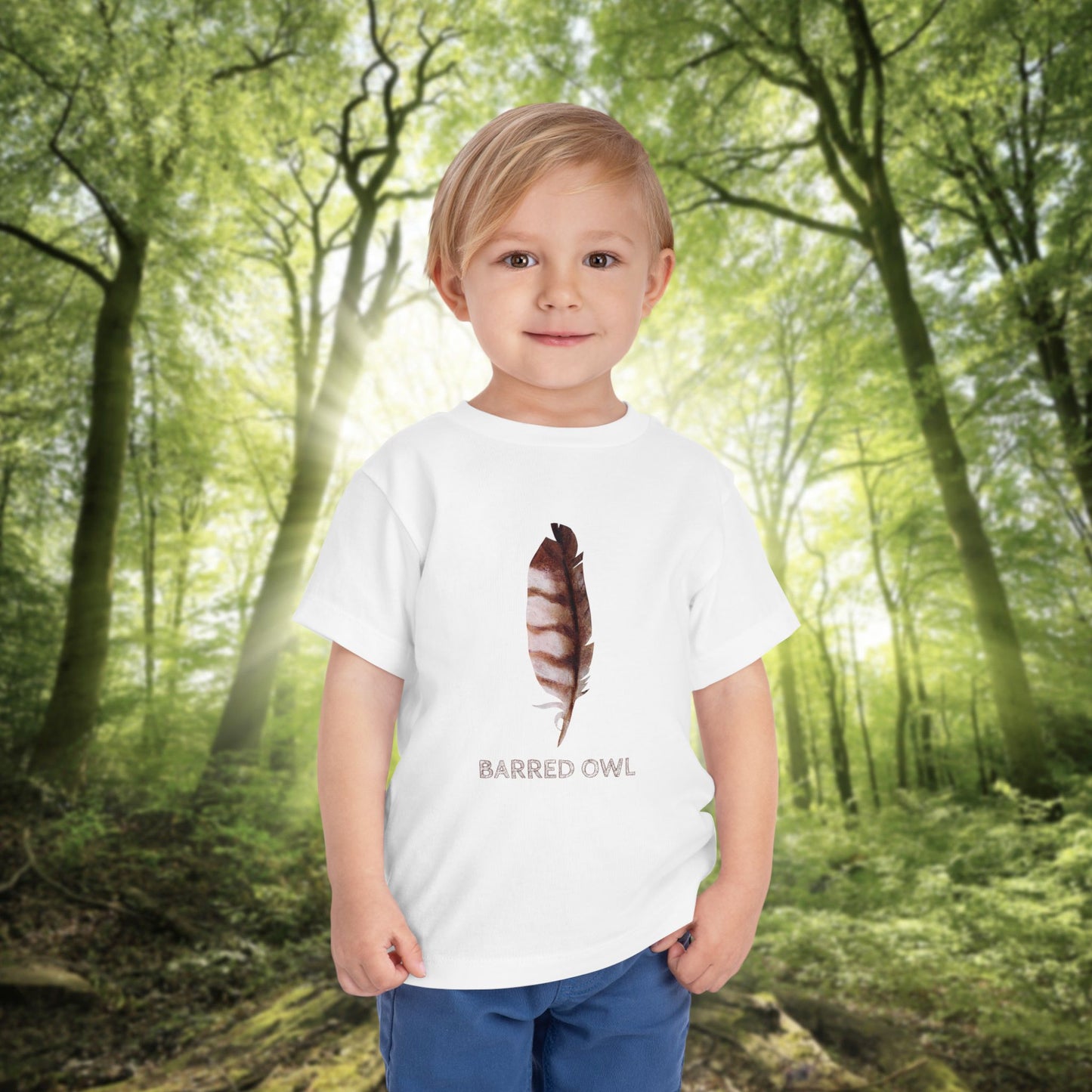 Toddler Tee with Owl Feather Design, Personalizable Text, Unisex Cotton Woodland T-Shirt