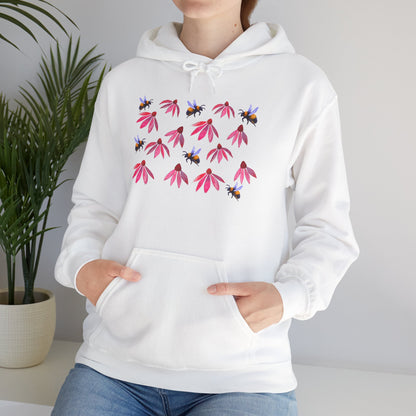 Pink Coneflower and Bees Hoodie | Floral Nature Pattern