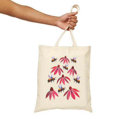 Bumblebees and Coneflowers Tote Bag | Floral Bee Canvas Shopper