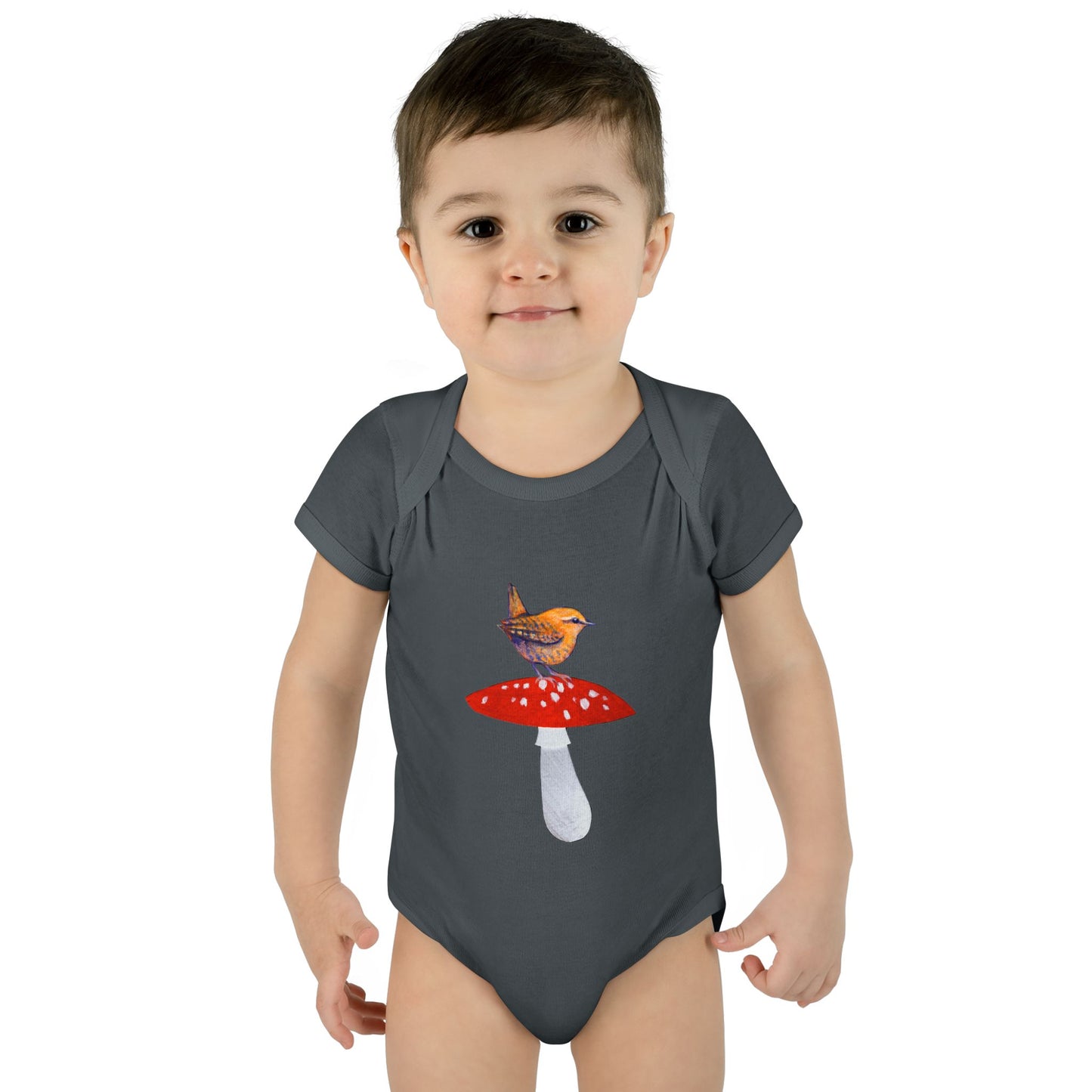 Bird on Red Toadstool Infant Bodysuit | Woodland Mushroom Baby