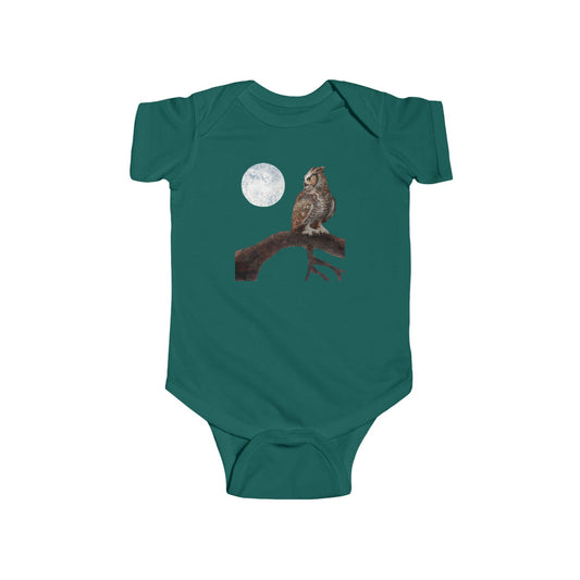 Great Horned Owl and the Moon Infant Bodysuit | Cotton Baby Bodysuit in Forest Green, Vintage Navy, Garnet or Purple