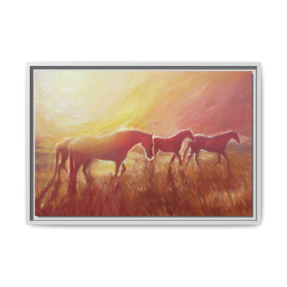 Sunset Meadow Horses Matte Canvas Framed Wall Art