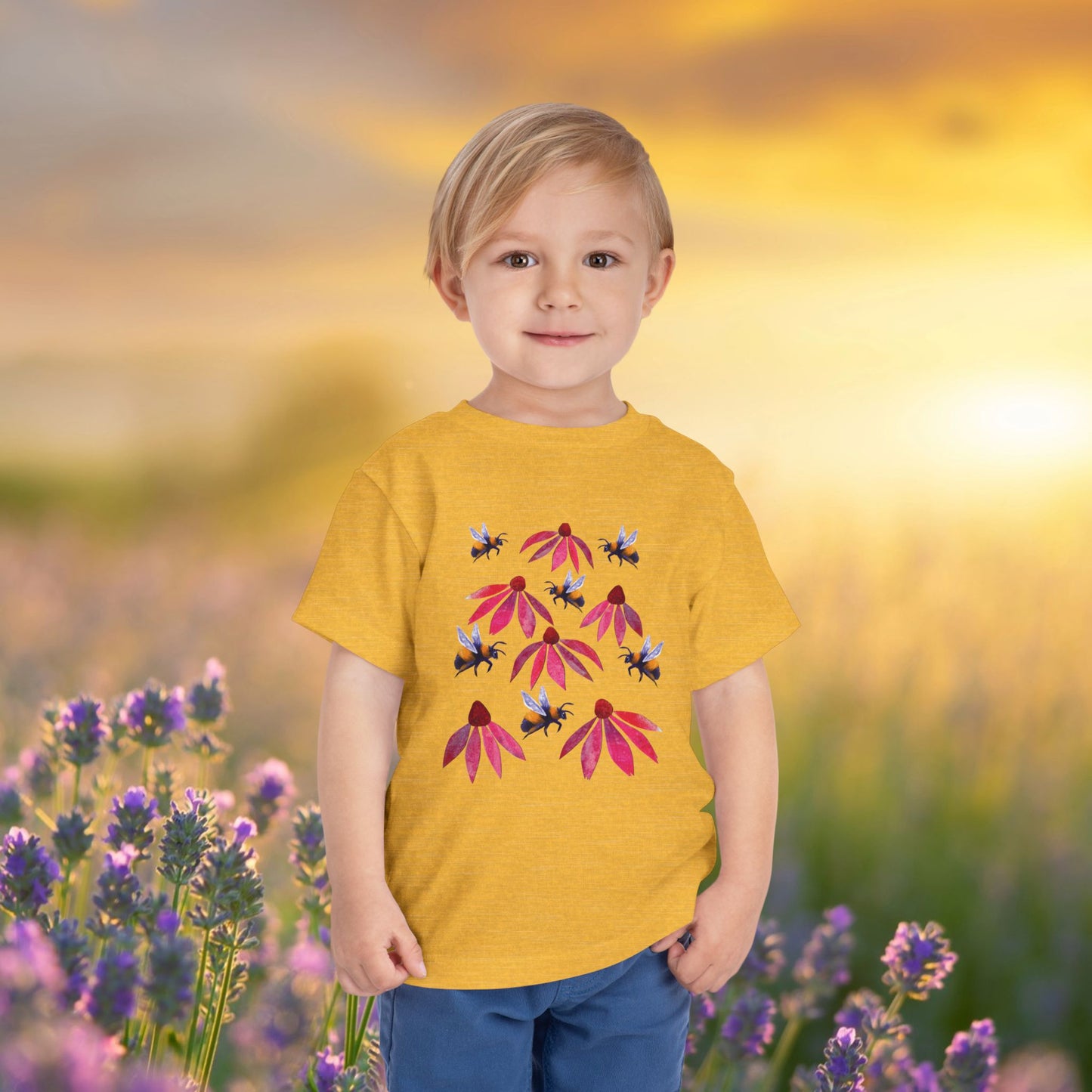 Toddler Tee — Bumblebees & Pink Coneflowers Hand Made Design