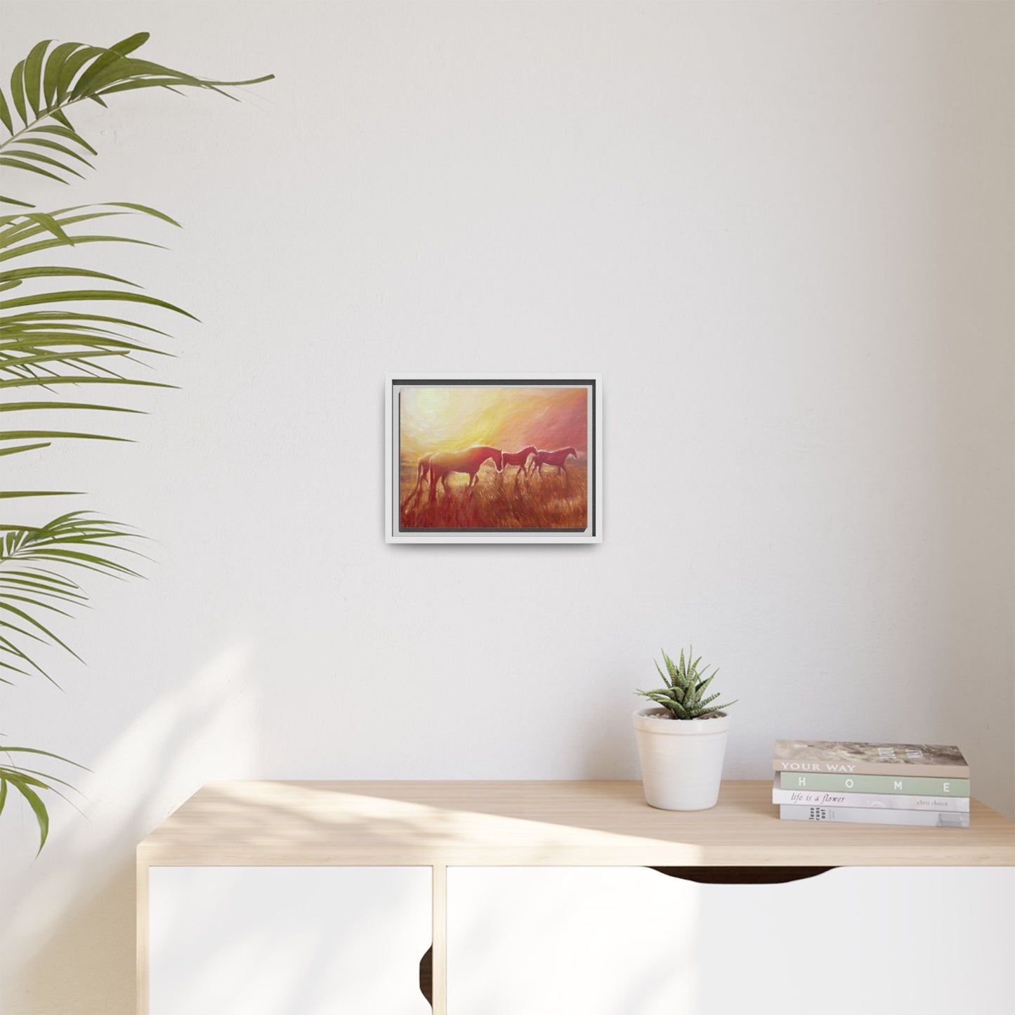Sunset Meadow Horses Matte Canvas Framed Wall Art