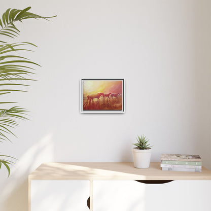 Sunset Meadow Horses Matte Canvas Framed Wall Art