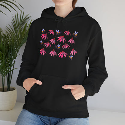 Pink Coneflower and Bees Hoodie | Floral Nature Pattern