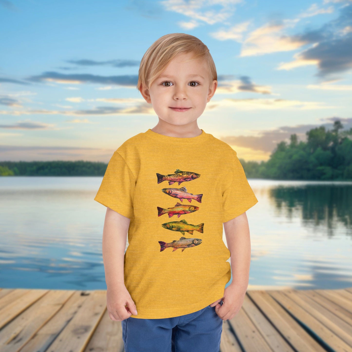 Colorful Trout Toddler Short Sleeve Tee | Fishing Theme Cotton Shirt Personalized