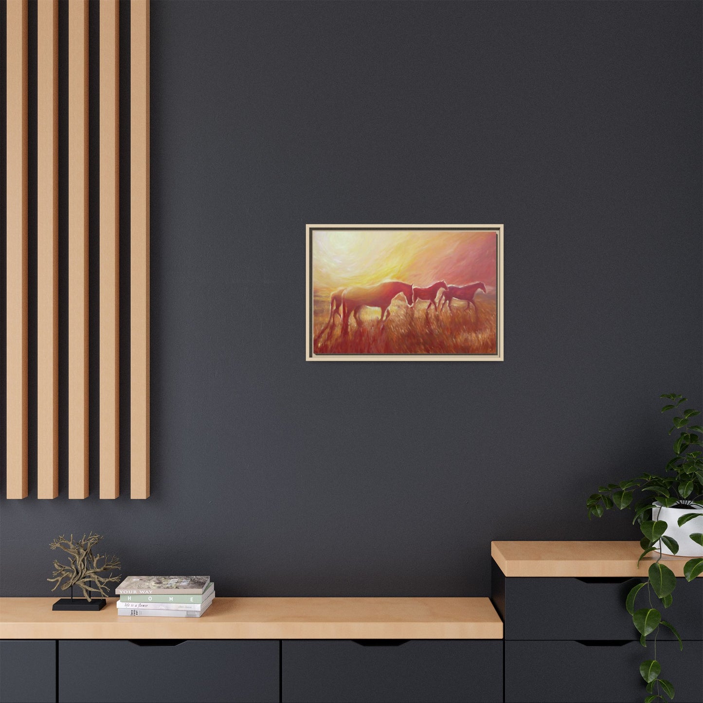 Sunset Meadow Horses Matte Canvas Framed Wall Art