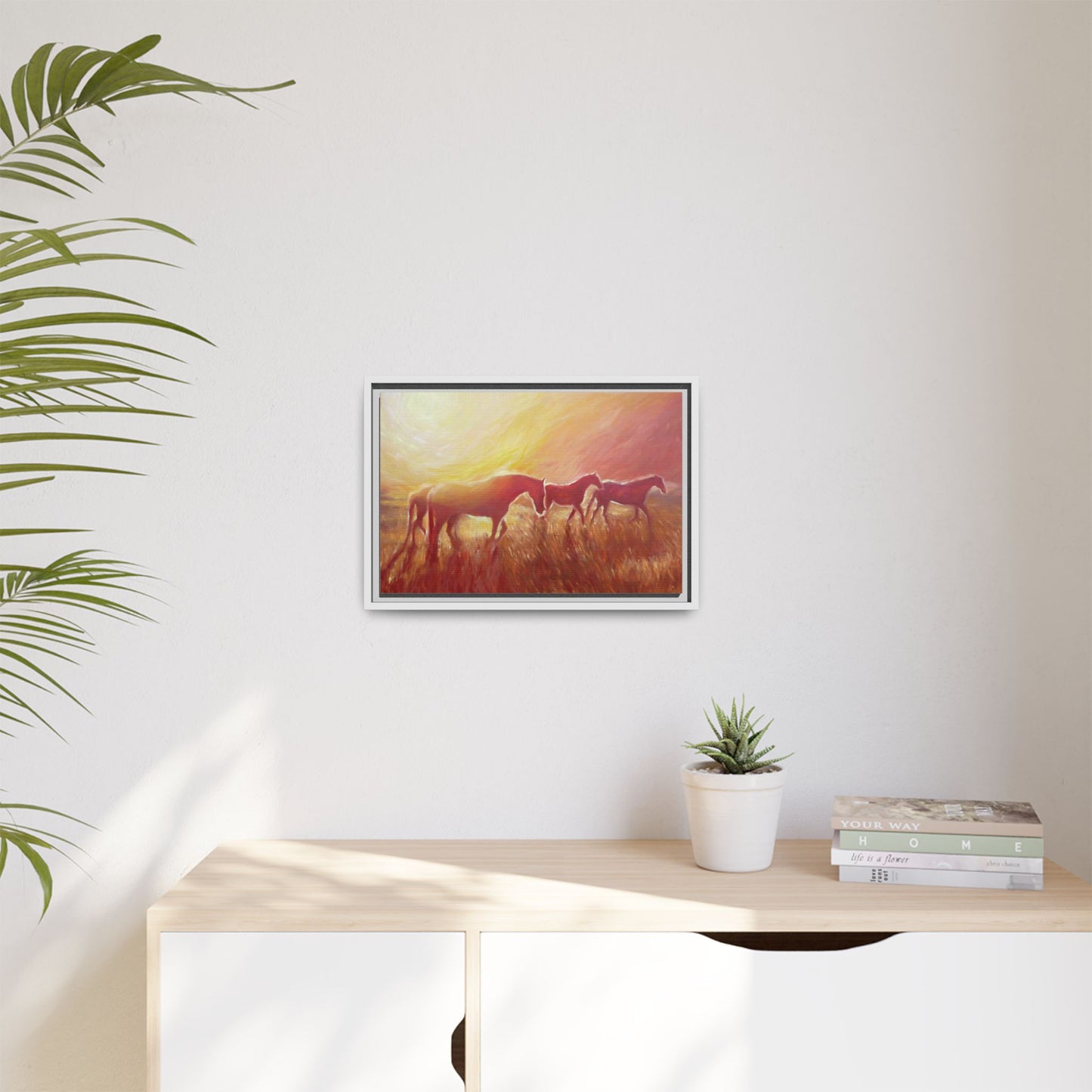Sunset Meadow Horses Matte Canvas Framed Wall Art