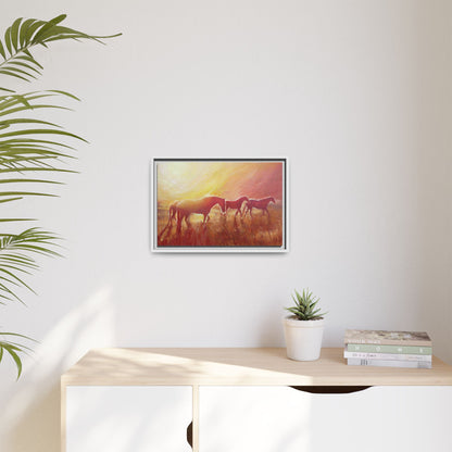 Sunset Meadow Horses Matte Canvas Framed Wall Art