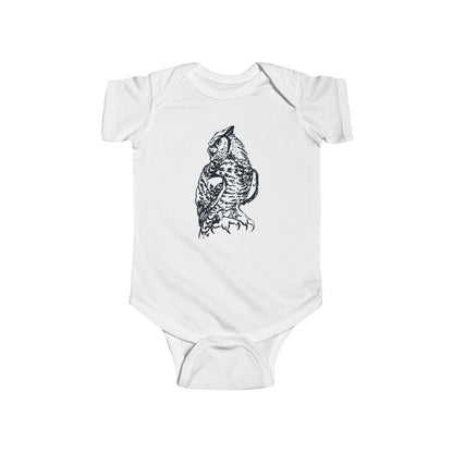 Hand Illustrated Owl Infant Bodysuit | Woodland Baby Bodysuit Great Horned Owl Design