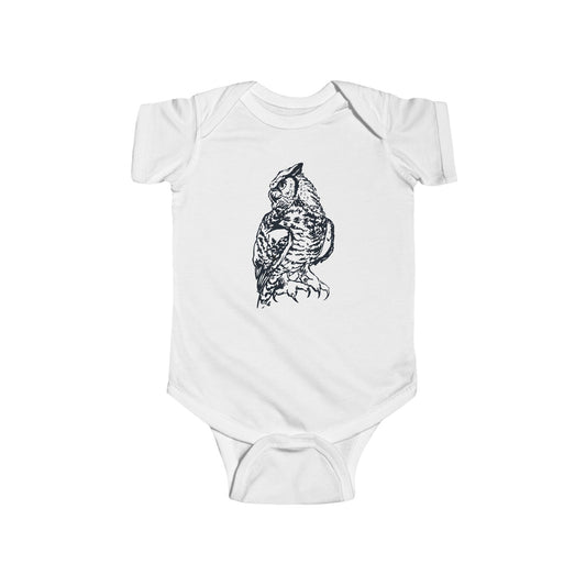 Hand Illustrated Owl Infant Bodysuit | Woodland Baby Onesie Great Horned Owl Design