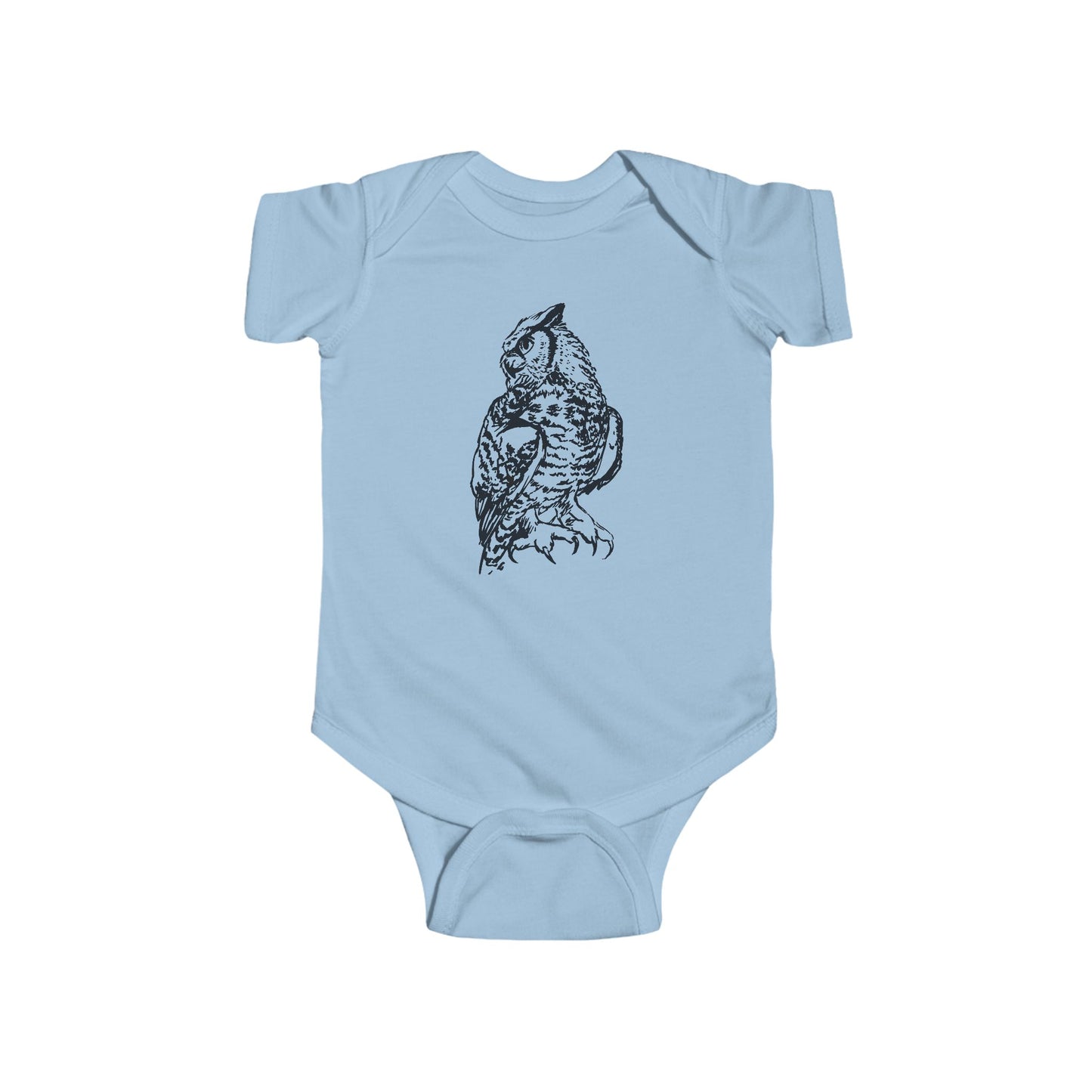Hand Illustrated Owl Infant Bodysuit | Woodland Baby Onesie Great Horned Owl Design