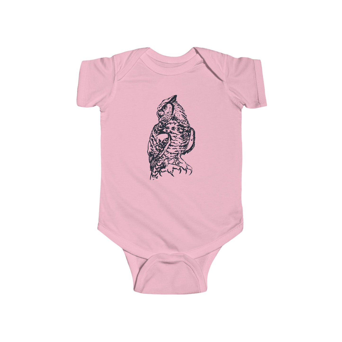 Hand Illustrated Owl Infant Bodysuit | Woodland Baby Onesie Great Horned Owl Design