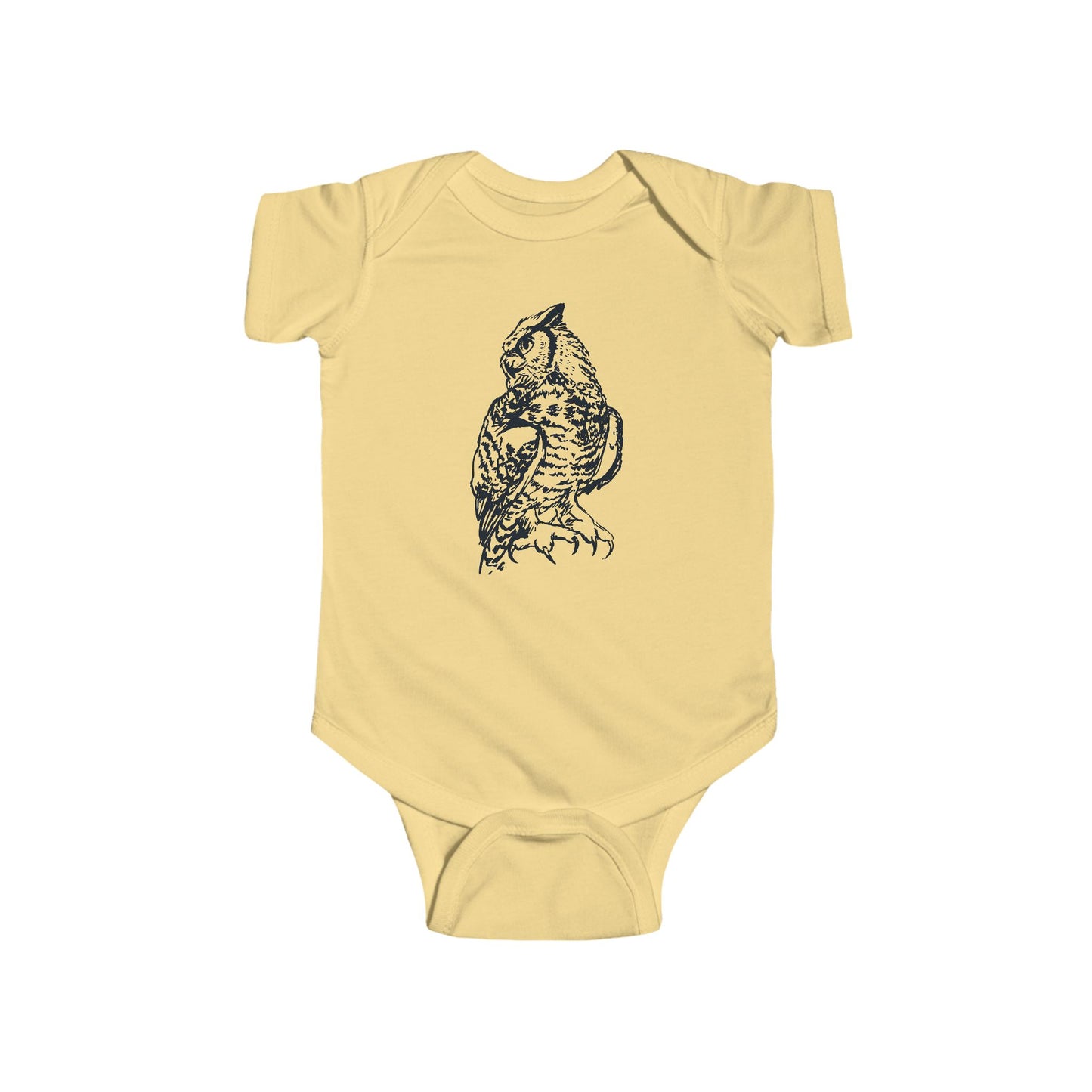 Hand Illustrated Owl Infant Bodysuit | Woodland Baby Onesie Great Horned Owl Design