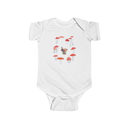 Wren in Fairy Toadstool Circle Infant Bodysuit | Woodland Bird Baby Onesie