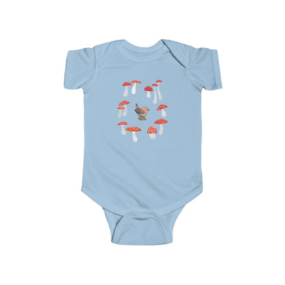 Wren in Fairy Toadstool Circle Infant Bodysuit | Woodland Bird Baby Onesie