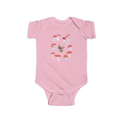 Wren in Fairy Toadstool Circle Infant Bodysuit | Woodland Bird Baby Onesie