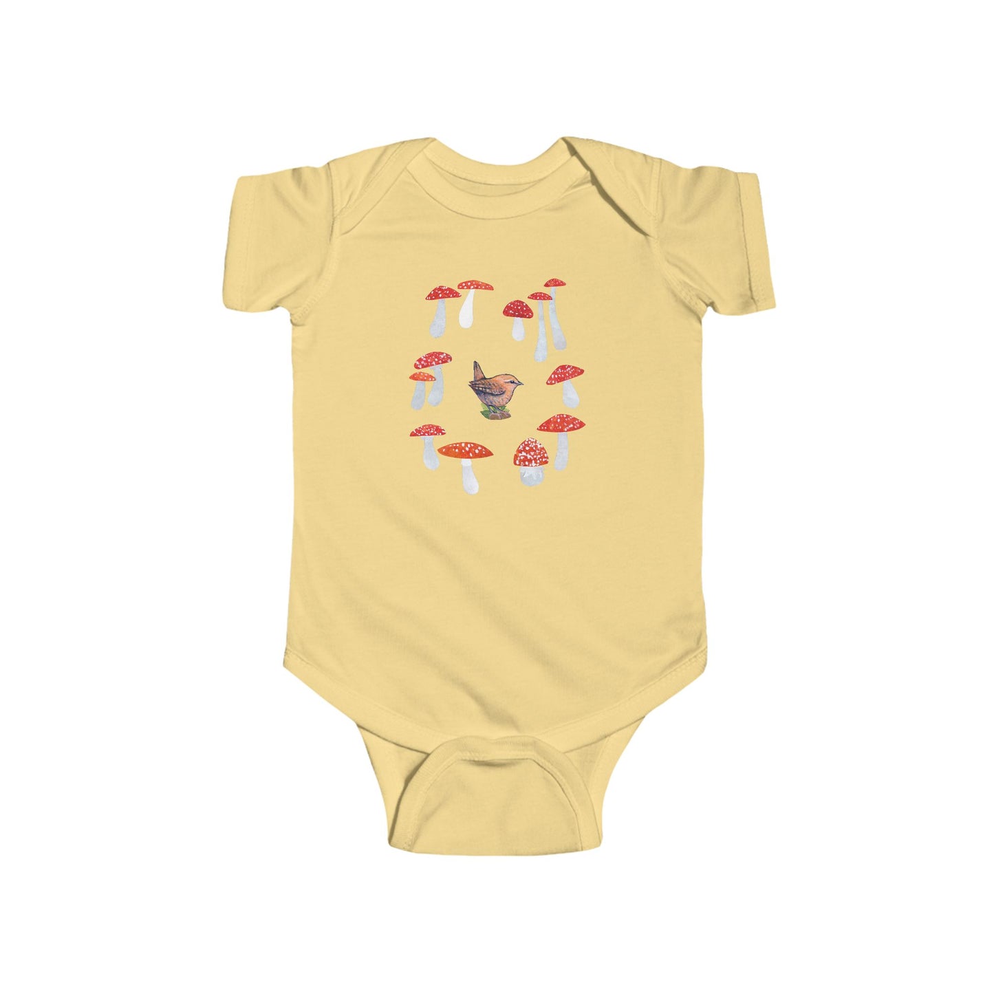 Wren in Fairy Toadstool Circle Infant Bodysuit | Woodland Bird Baby Onesie
