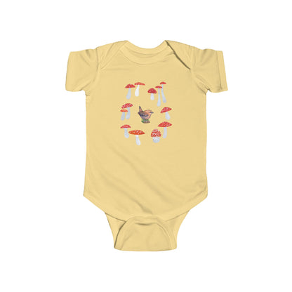 Wren in Fairy Toadstool Circle Infant Bodysuit | Woodland Bird Baby Onesie