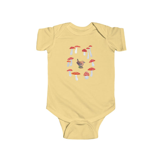 Wren in Fairy Toadstool Circle Infant Bodysuit | Woodland Bird Baby Bodysuit