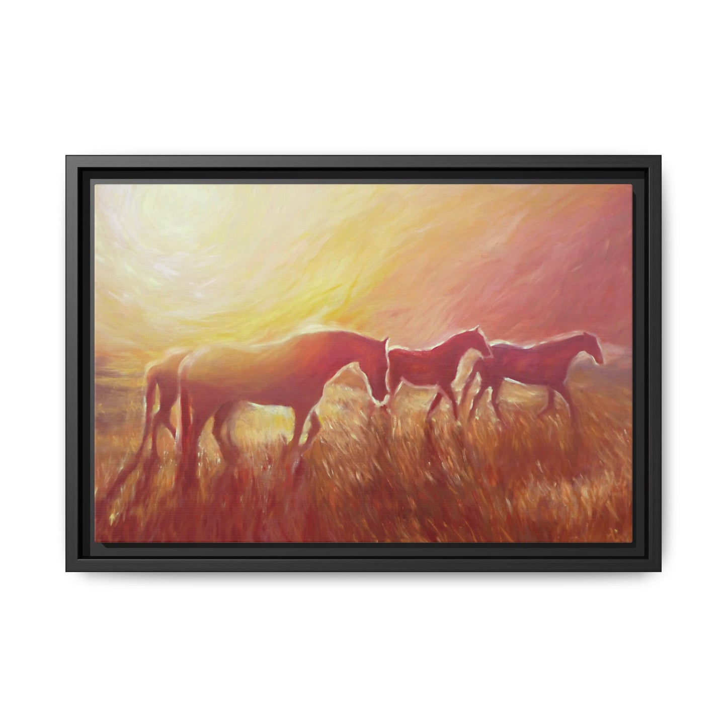 Sunset Meadow Horses Matte Canvas Framed Wall Art