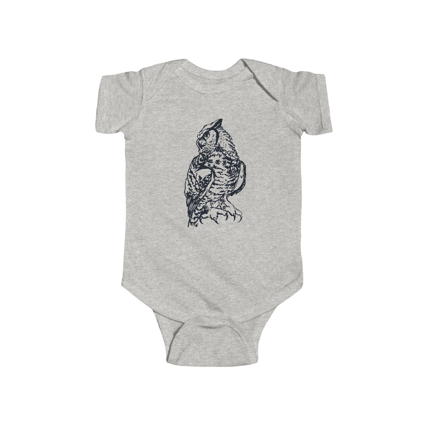 Hand Illustrated Owl Infant Bodysuit | Woodland Baby Onesie Great Horned Owl Design