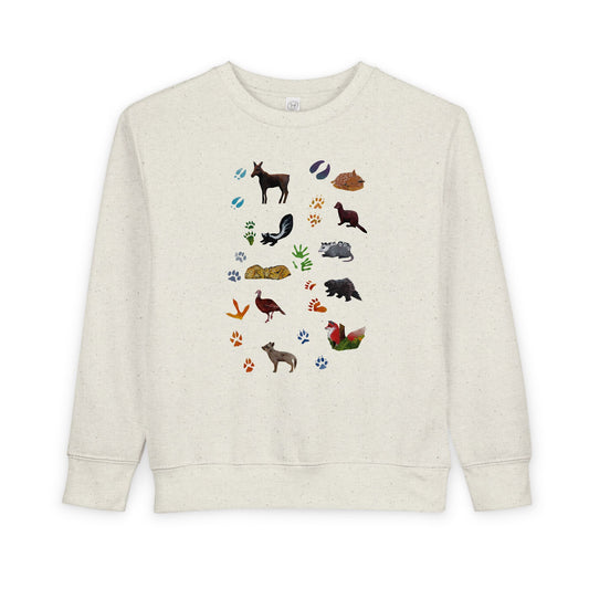 Animal Tracks Toddler Sweatshirt: North American Wildlife Clothing for Kids in Gray and Oatmeal Heather