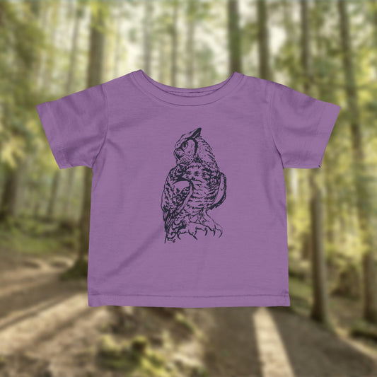 Hand-Drawn Owl Infant Tee | Girls Woodland Cotton Tee in Hot Pink, Mauve, Lavender, Red or White